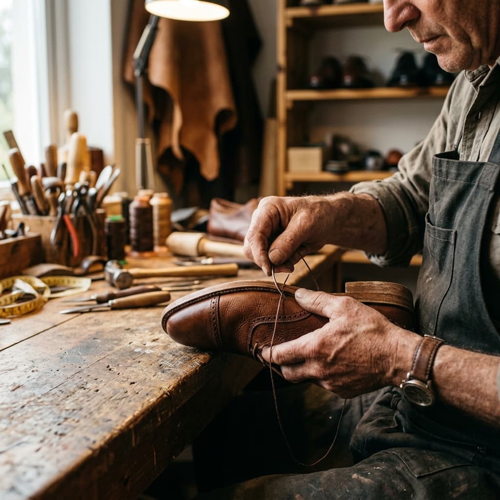 Craftsperson hand-finishing a Shuvera footwear pair in the workshop
